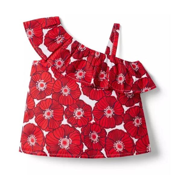 NWT Janie and Jack 2T Red Poppy Ruffle One-Shoulder Summer Top Cotton Lined - Picture 1 of 10